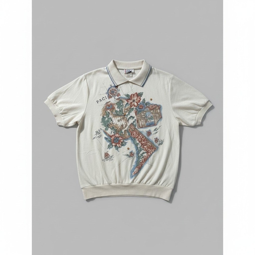 Cricket Lane Nautical Map Polo, Woman's Small, Vintage Floral Motif, Made in USA
